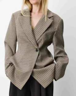 Blazer cintré croisé pied-de-poule beige Almond