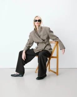 Blazer cintré croisé pied-de-poule beige Almond