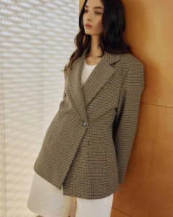 Blazer cintré croisé pied-de-poule beige Almond