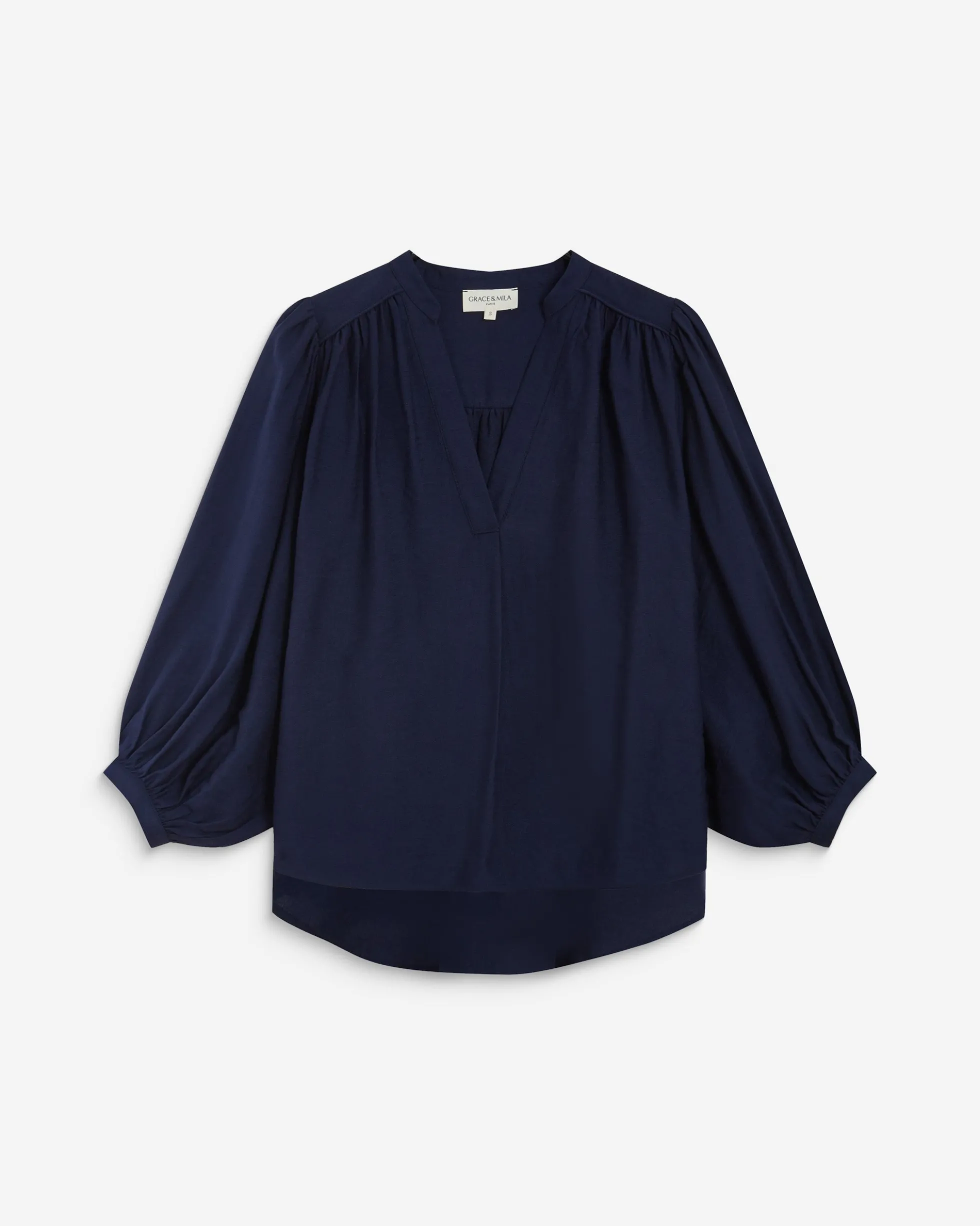 Blouse ample manches bouffantes 3/4 col V marine Auriane