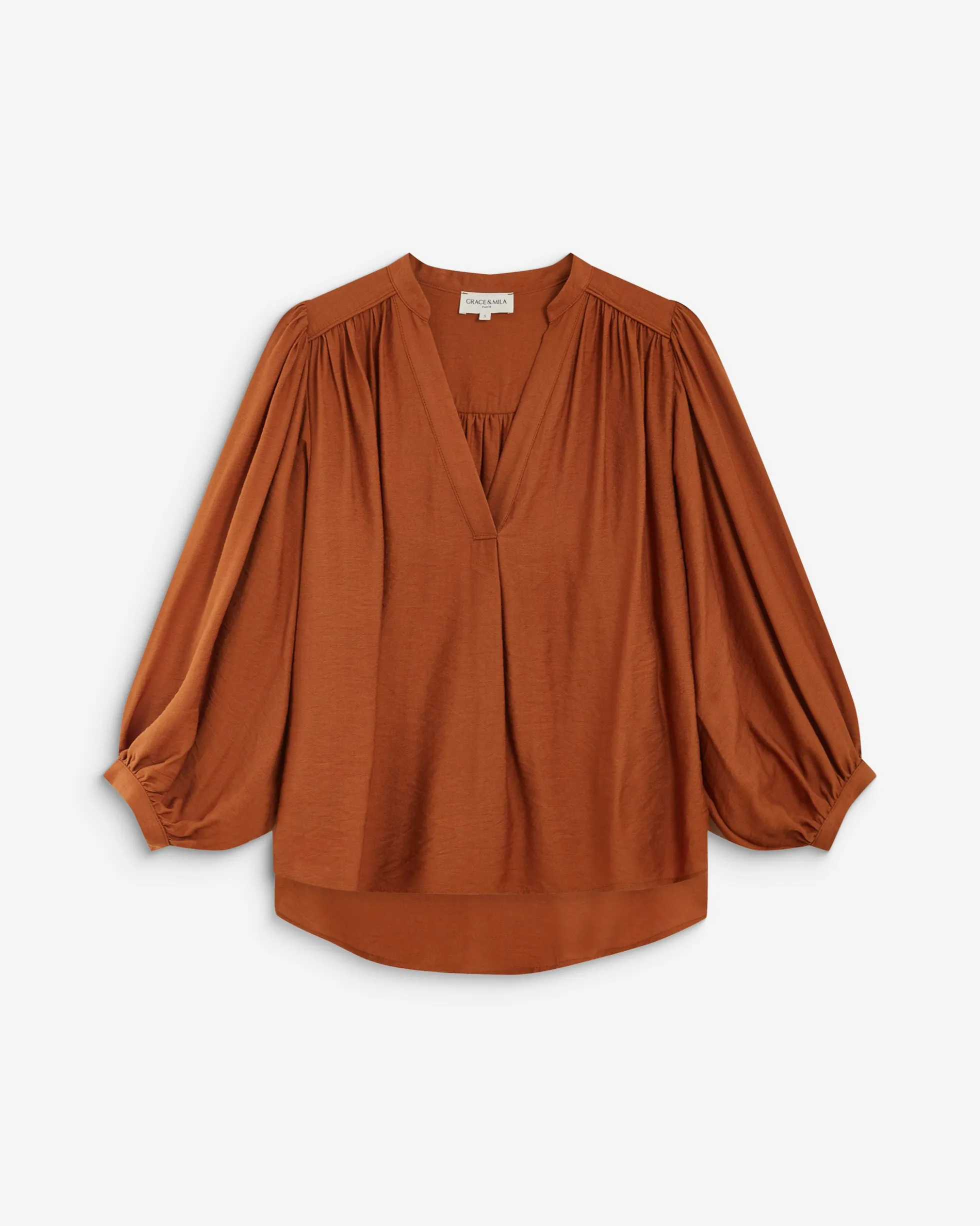 Blouse ample manches bouffantes 3/4 col V camel Auriane
