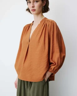 Blouse ample manches bouffantes 3/4 col V camel Auriane