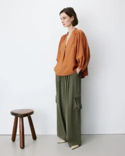 Blouse ample manches bouffantes 3/4 col V camel Auriane