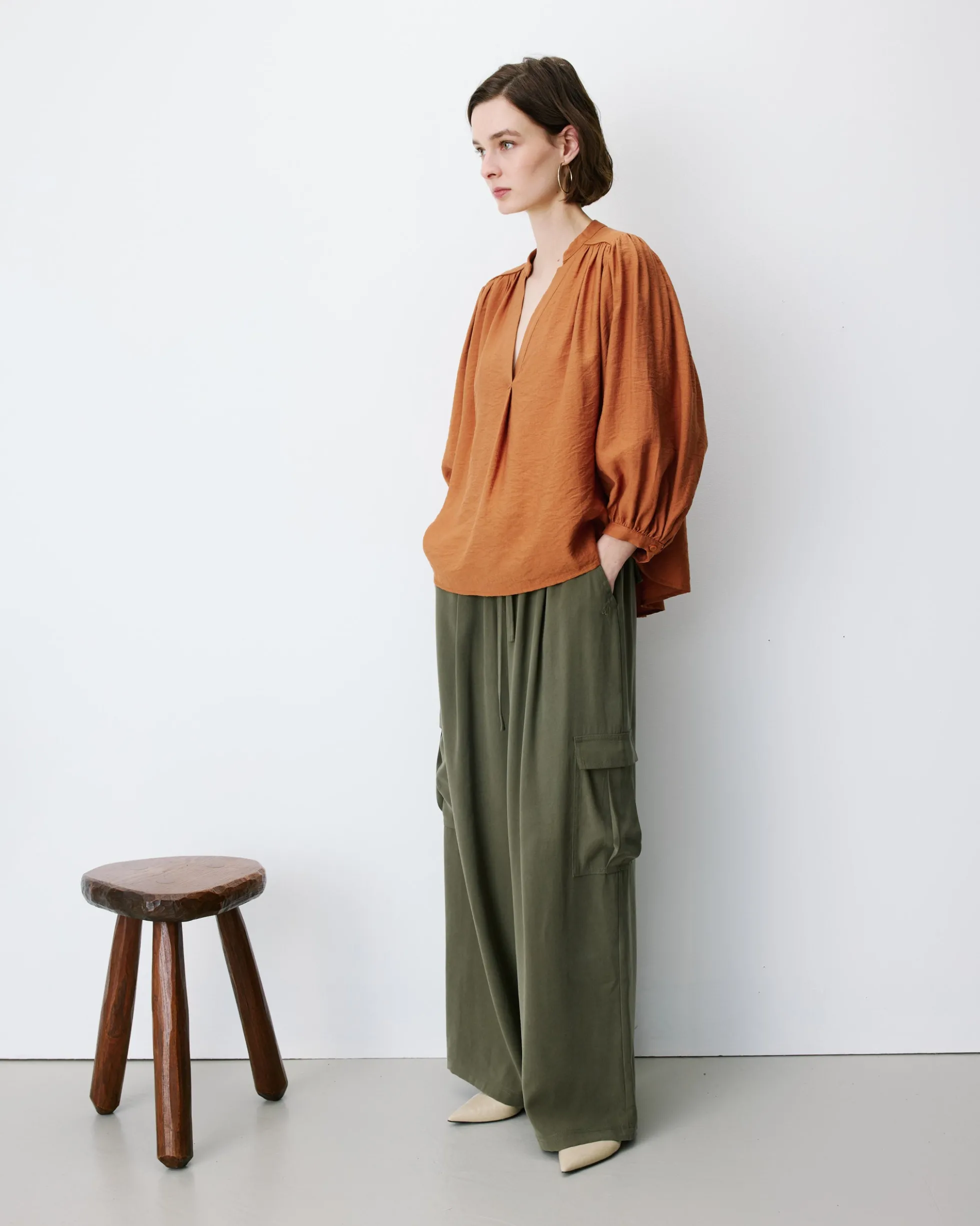 Blouse ample manches bouffantes 3/4 col V camel Auriane
