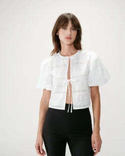 Blouse brodée à nouer manches ballon white Wylette