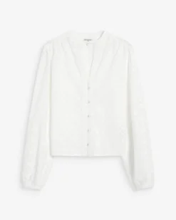 Blouse broderie anglaise col mao en coton ivoire Vandita