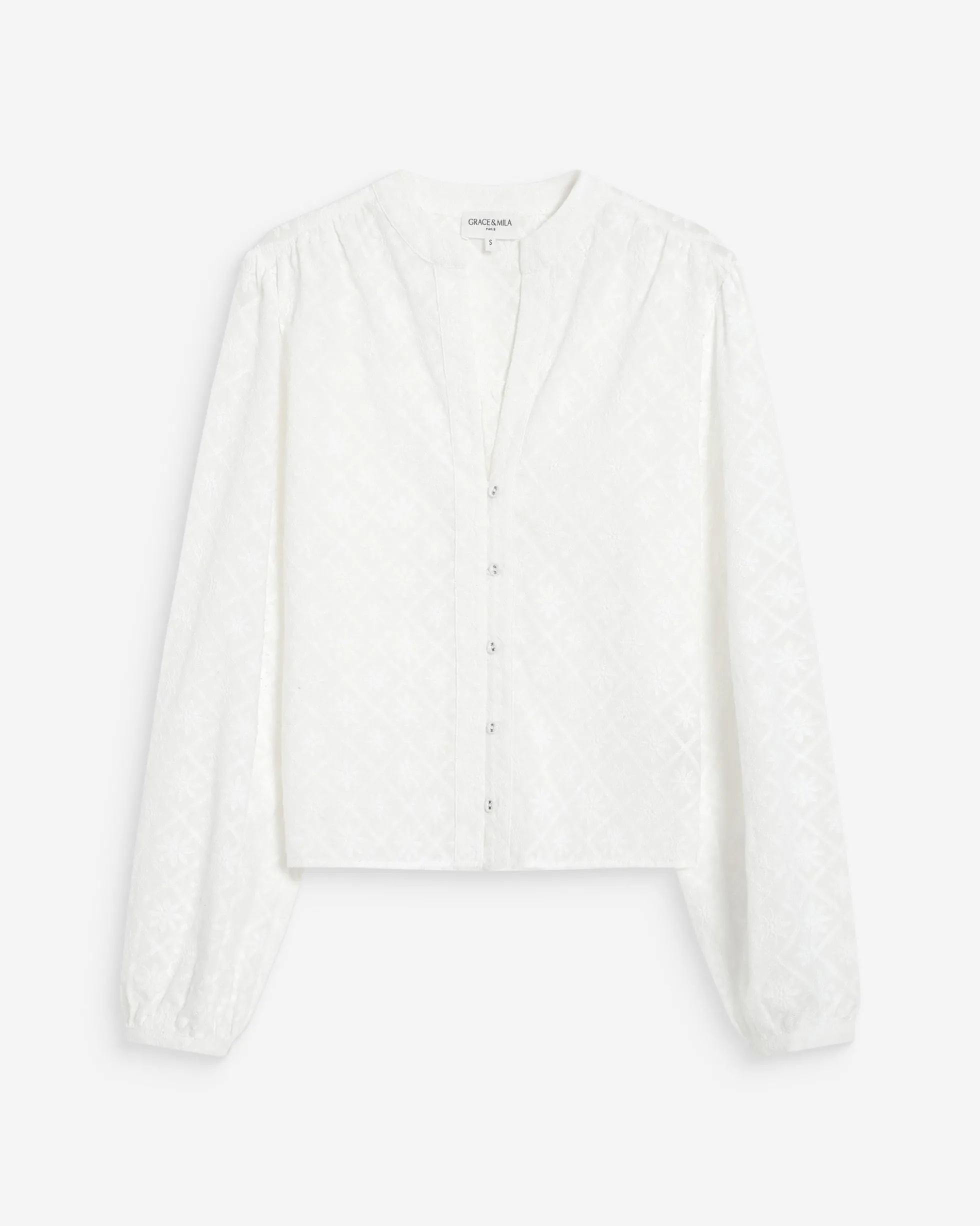 Blouse broderie anglaise col mao en coton ivoire Vandita
