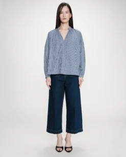 Blouse à carreaux en coton col V oversize marine Varry