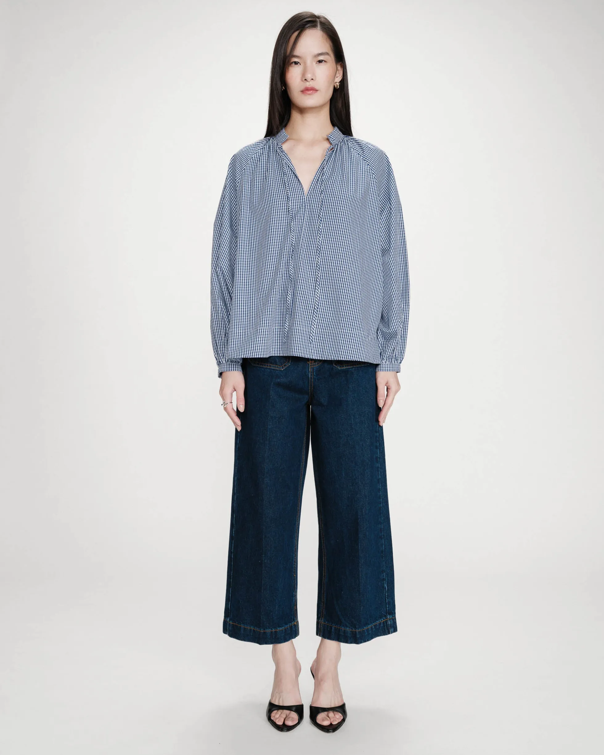 Blouse à carreaux en coton col V oversize marine Varry