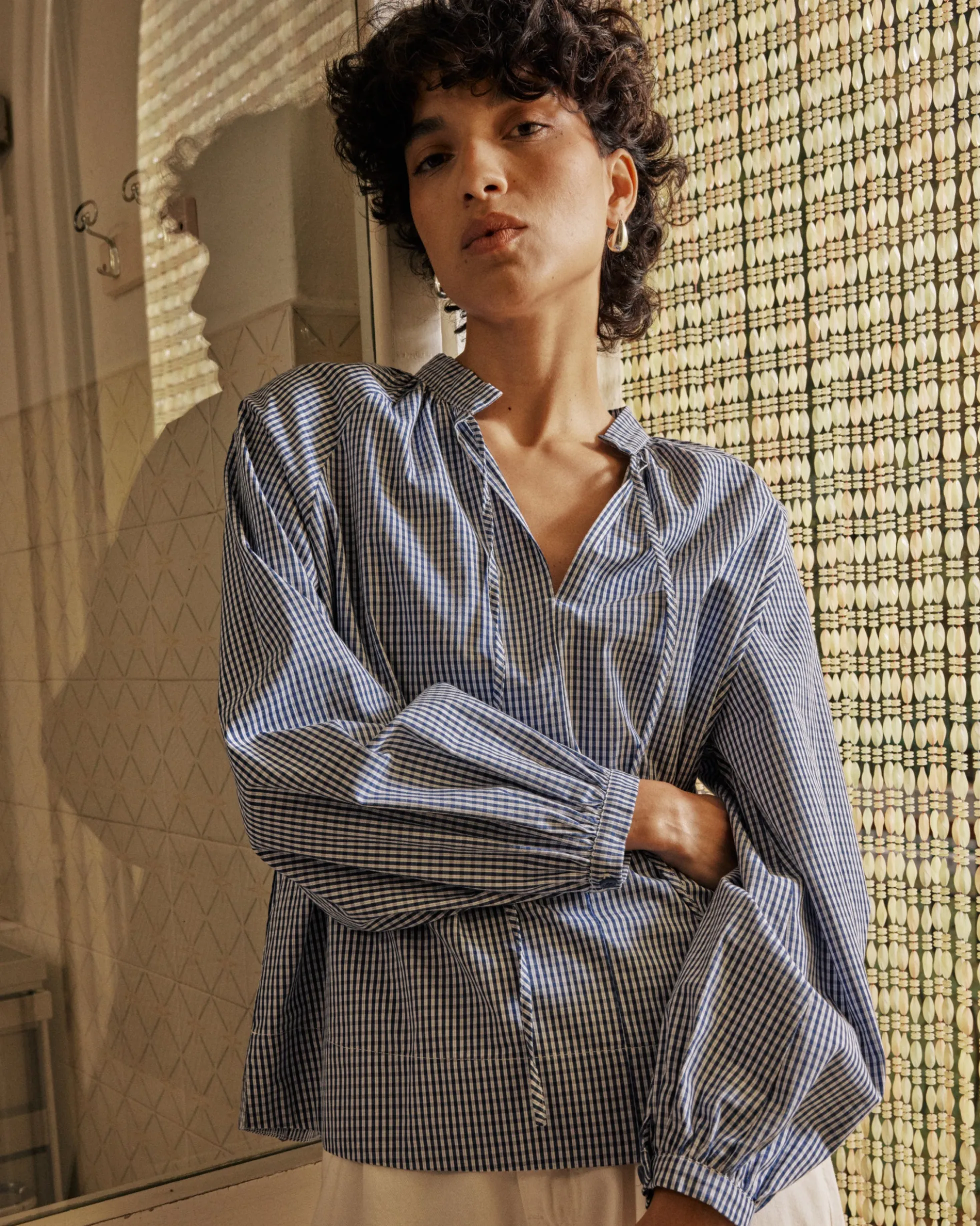 Blouse à carreaux en coton col V oversize marine Varry