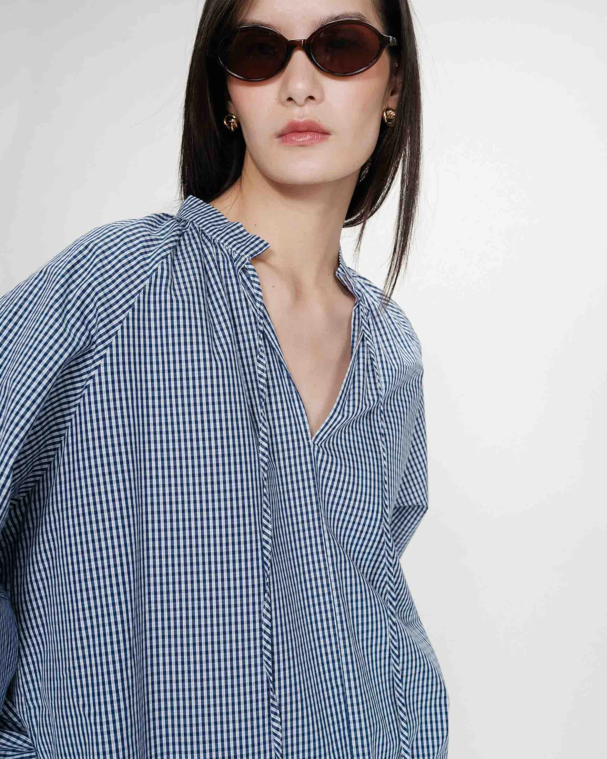 Blouse à carreaux en coton col V oversize marine Varry