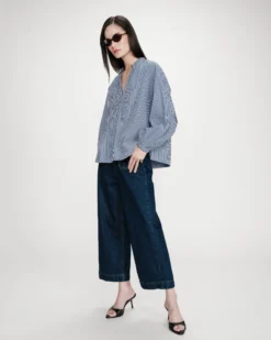 Blouse à carreaux en coton col V oversize marine Varry