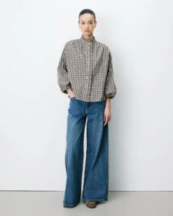 Blouse à carreaux manches bouffantes latte Adelie