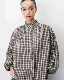 Blouse à carreaux manches bouffantes latte Adelie