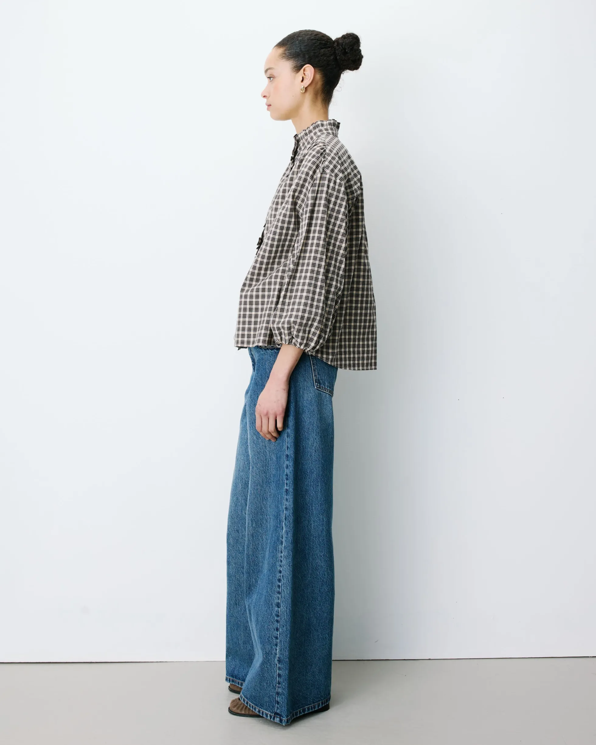 Blouse à carreaux manches bouffantes latte Adelie