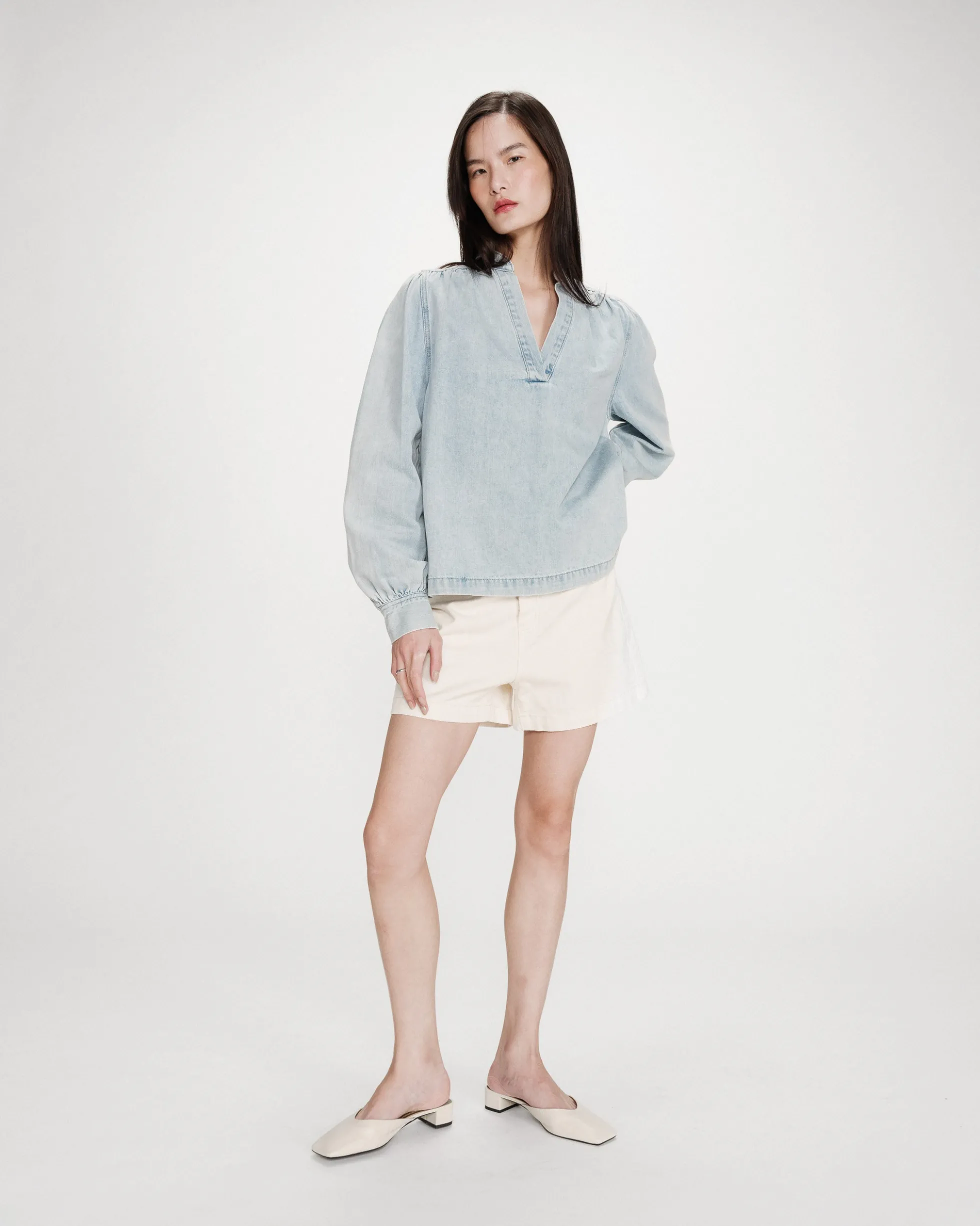 Blouse droite en denim manches longues skyblue Valory