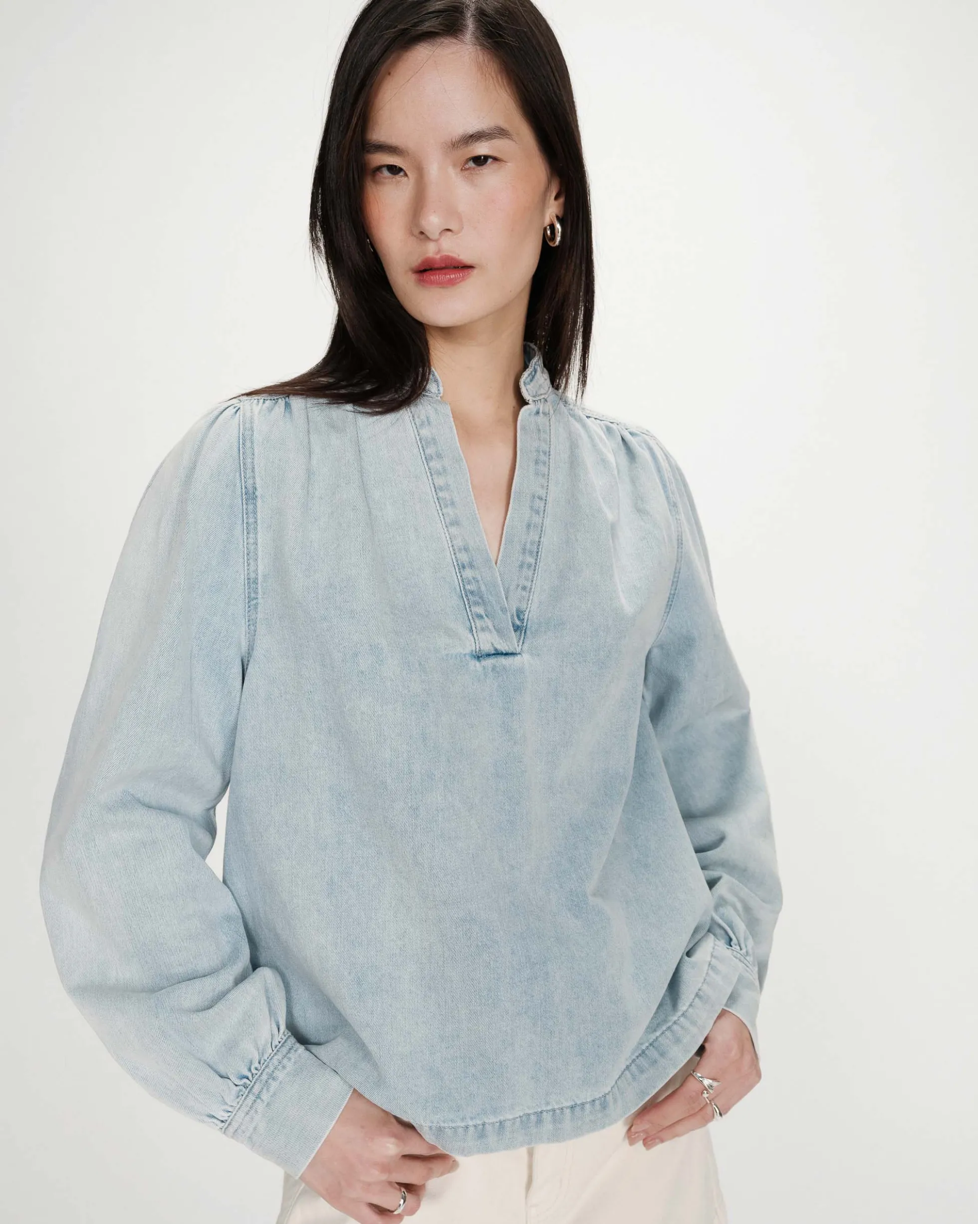 Blouse droite en denim manches longues skyblue Valory