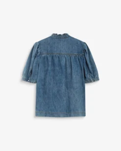 Blouse en denim col V manches bouffantes lightblue Amande