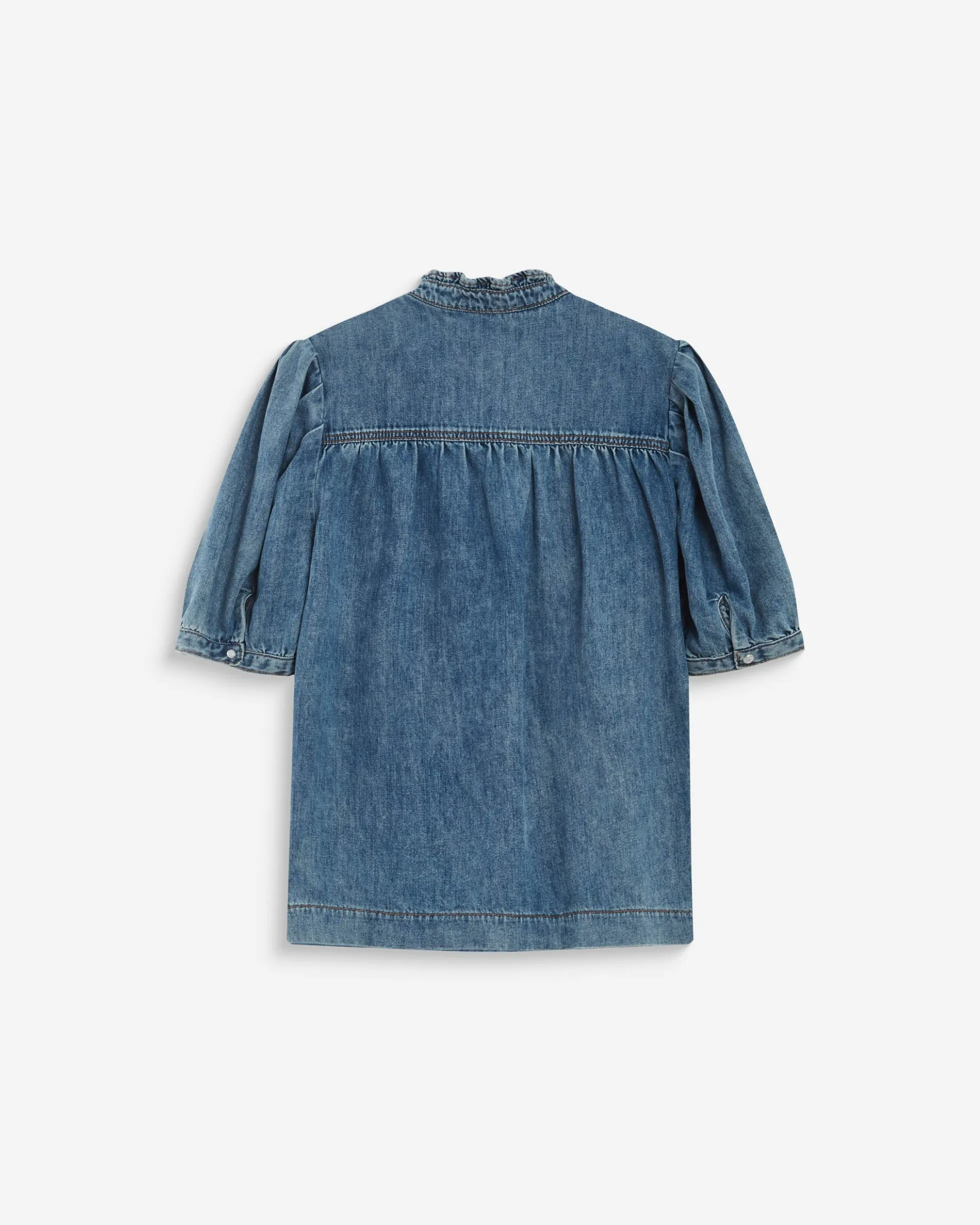 Blouse en denim col V manches bouffantes lightblue Amande