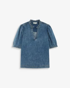 Blouse en denim col V manches bouffantes lightblue Amande