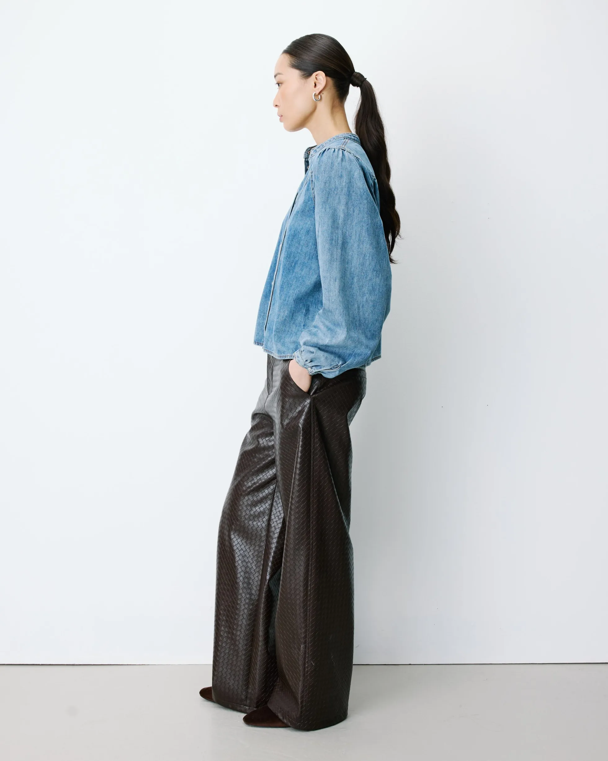 Blouse en denim évasée manches longues lightblue Anaelle