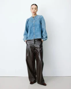 Blouse en denim évasée manches longues lightblue Anaelle