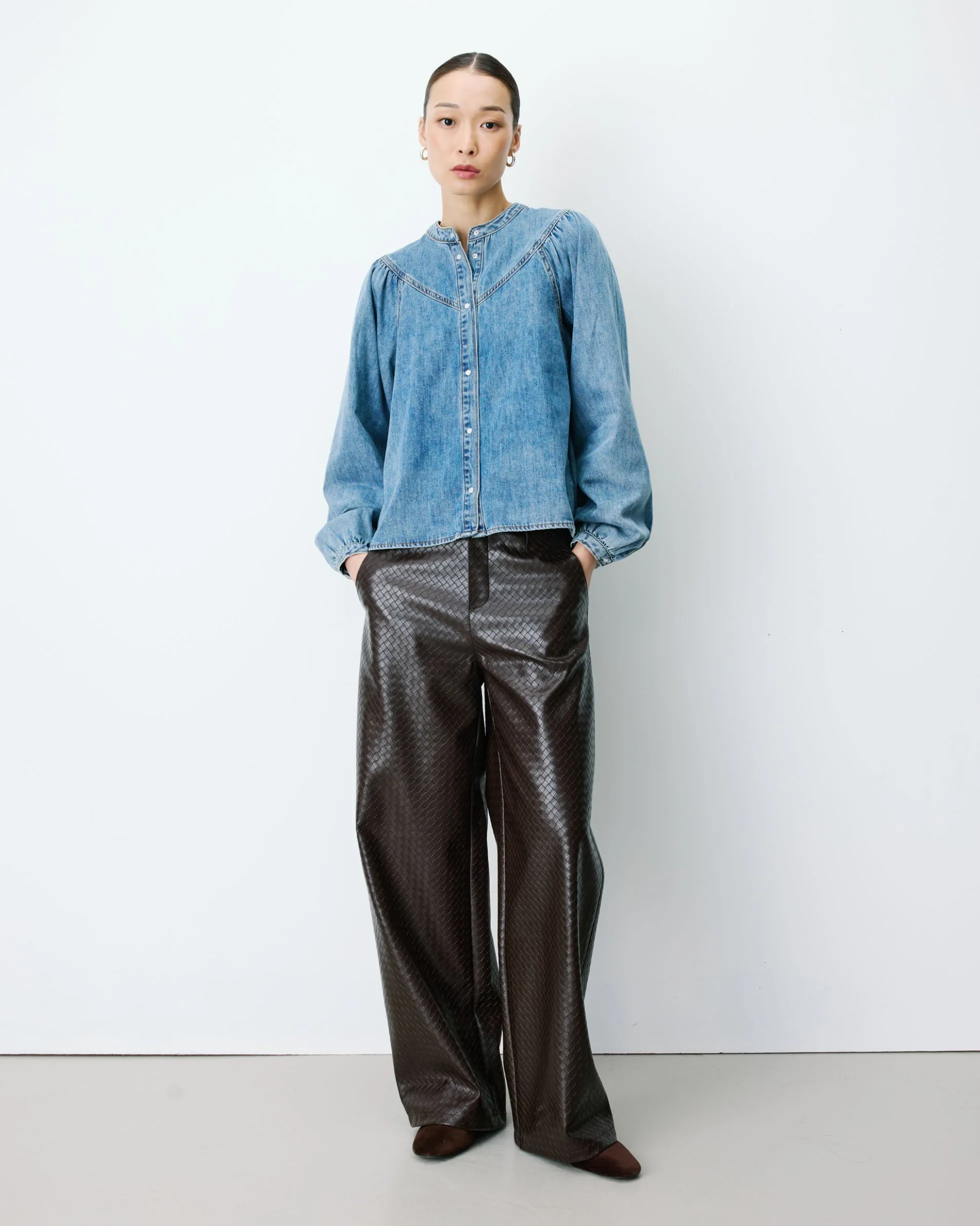 Blouse en denim évasée manches longues lightblue Anaelle