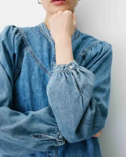 Blouse en denim évasée manches longues lightblue Anaelle