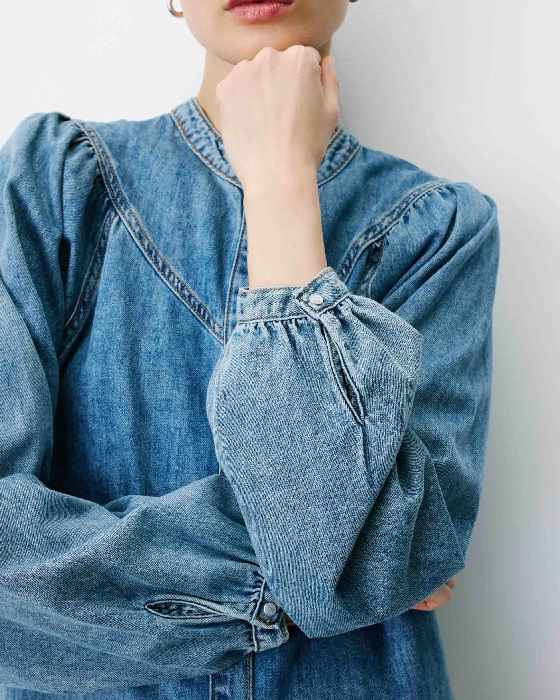 Blouse en denim évasée manches longues lightblue Anaelle