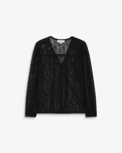 Blouse en dentelle col V manches longues noir Aurora