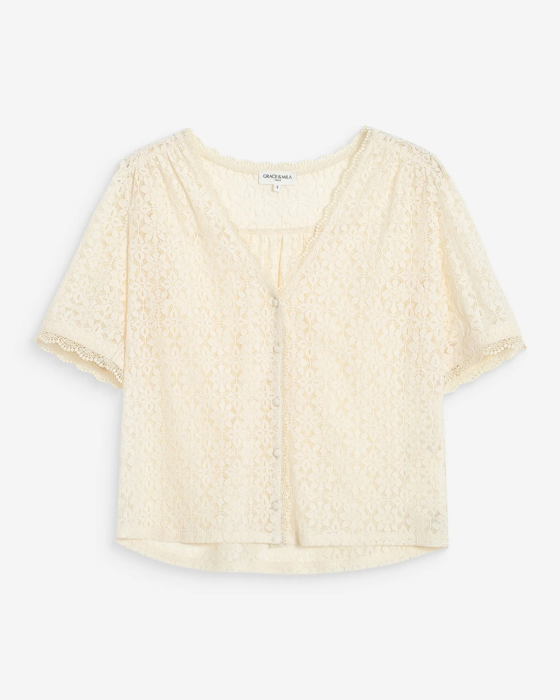 Blouse en dentelle col V manches courtes amande Vicky