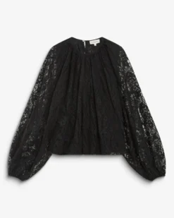 Blouse fluide en dentelle manches bouffantes noir Beth
