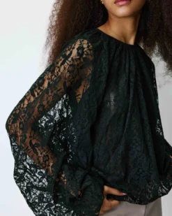 Blouse fluide en dentelle manches bouffantes noir Beth