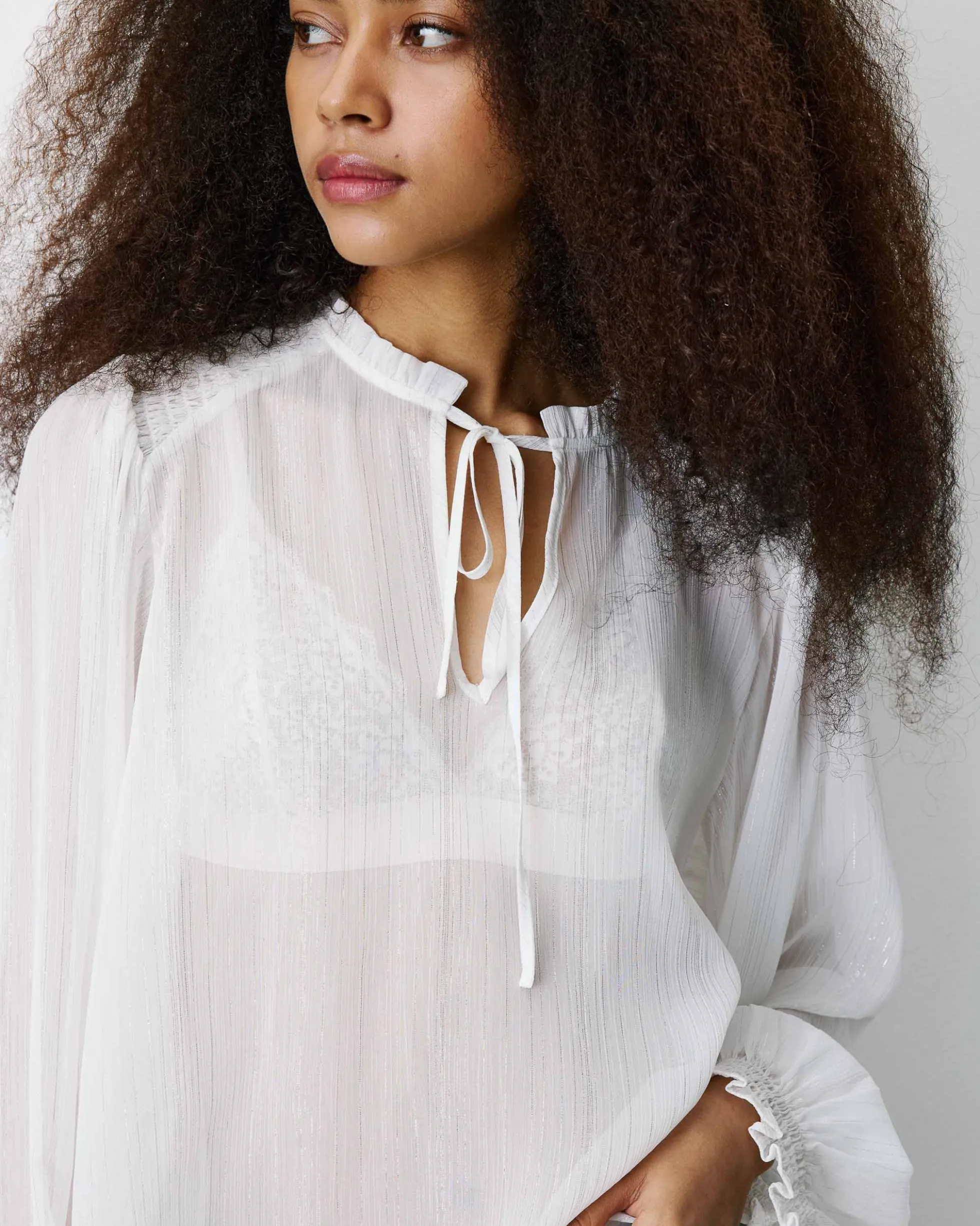Blouse fluide transparente en mousseline lurex ecru Belinda