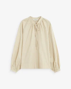 Blouse à rayures col mao à nouer beige Albane