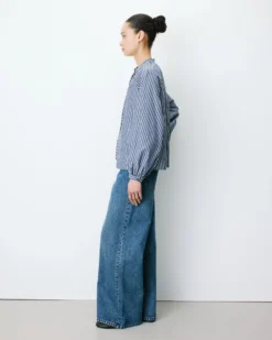 Blouse à rayures col mao à nouer marine Albane