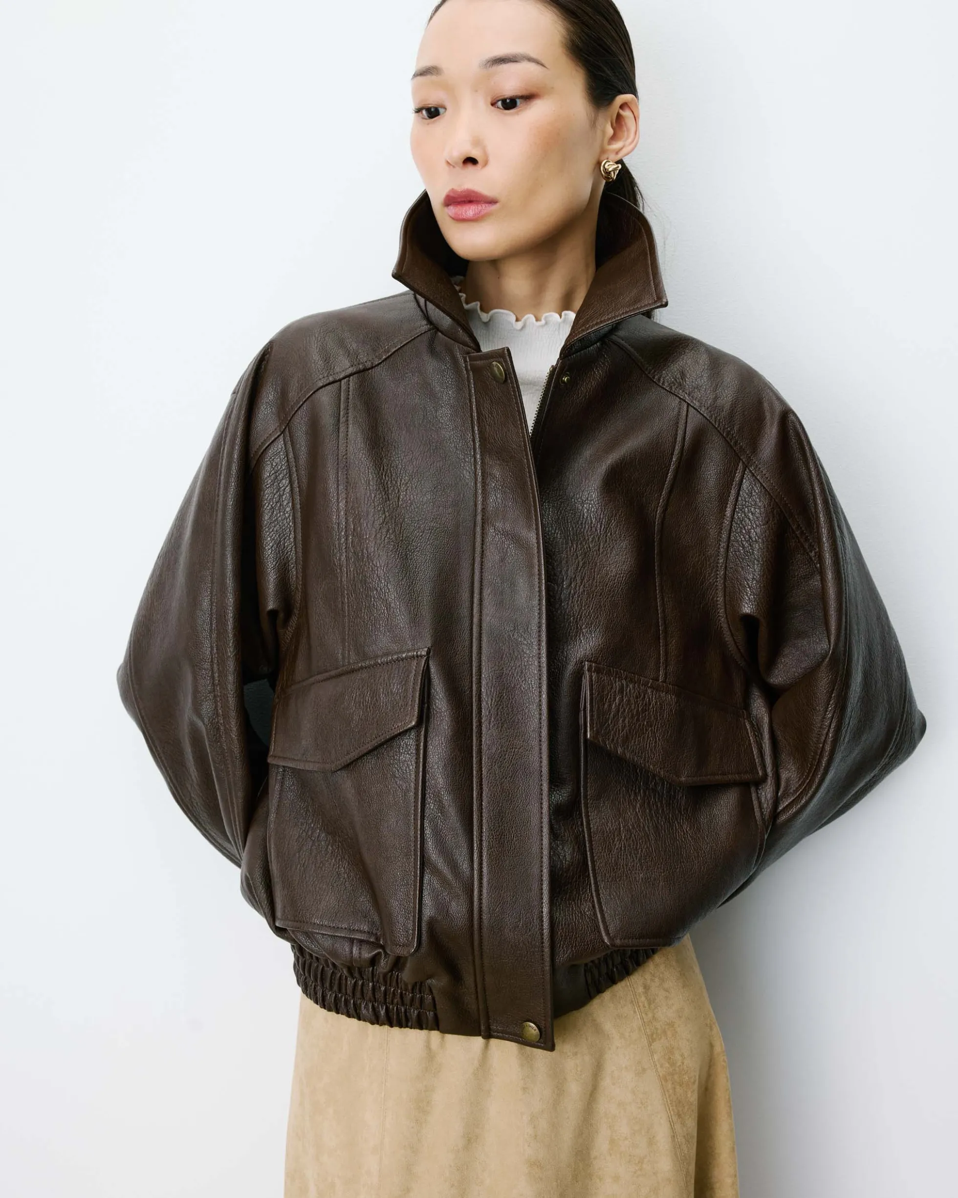 Blouson oversize similicuir à poches chocolat Axel