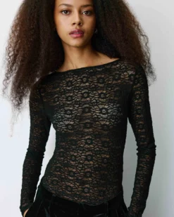 Body seconde peau en dentelle manches longues noir Bolero