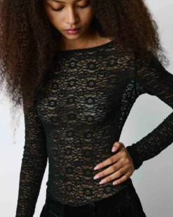 Body seconde peau en dentelle manches longues noir Bolero