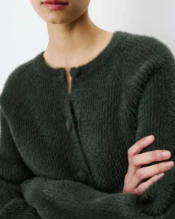 Cardigan doux col rond boutonné kaki Aleron