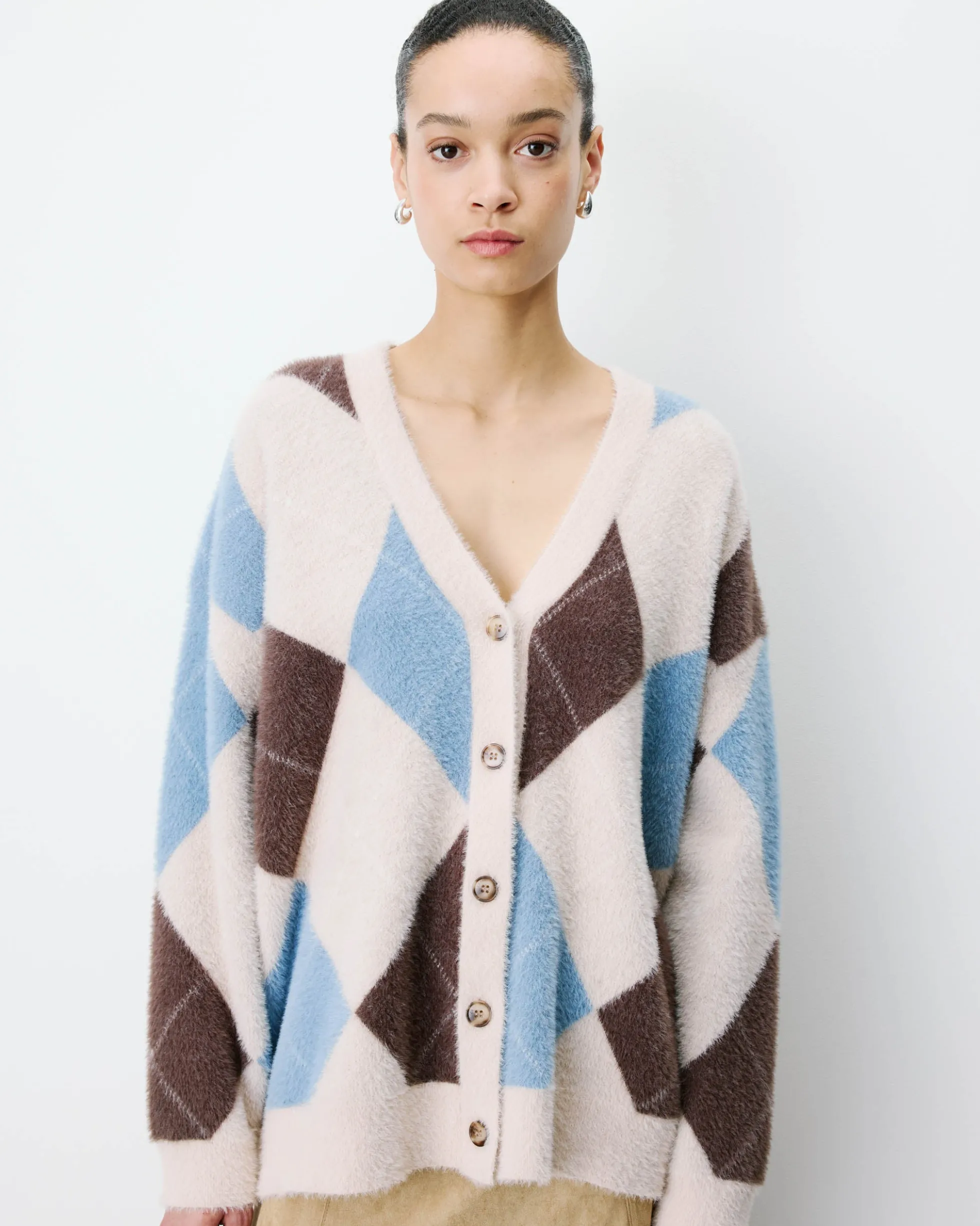Cardigan doux à losanges col V bleuet Alexan