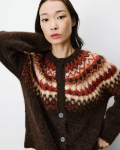 Cardigan en maille jacquard boutonné chocolat Alekio