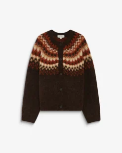 Cardigan en maille jacquard boutonné chocolat Alekio