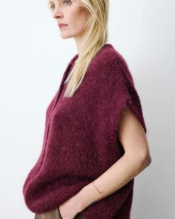 Cardigan loose sans manches col rond aubergine Addison