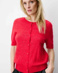 Cardigan manches courtes col rond rouge Akarios