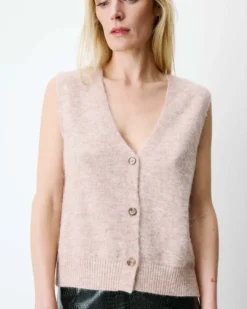 Cardigan sans manches boutonné col V beige Nars