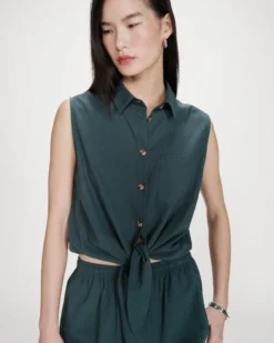 Chemise cintrée en coton à nouer devant emeraude Vero
