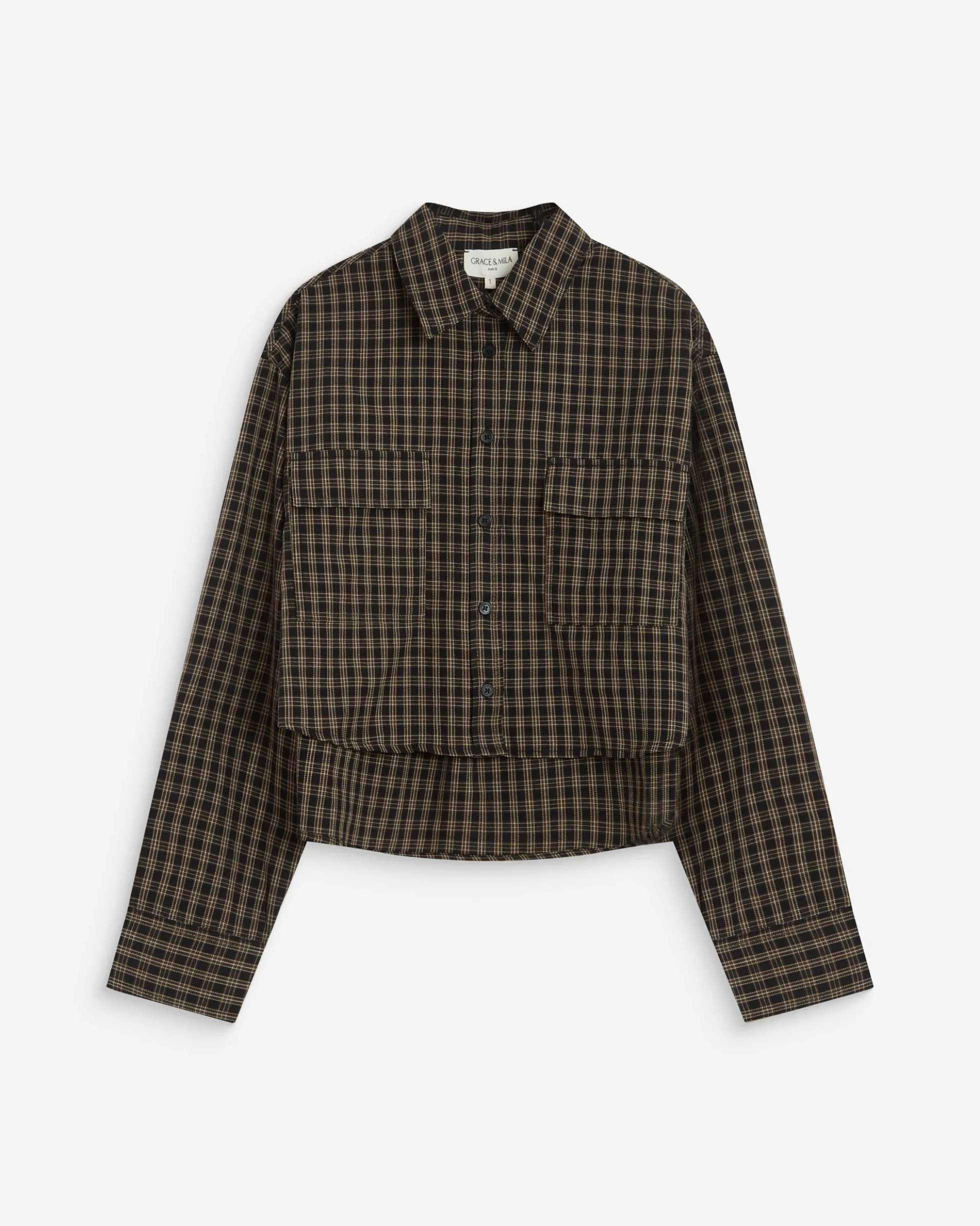 Chemise courte oversize en coton à carreaux noir Azelle
