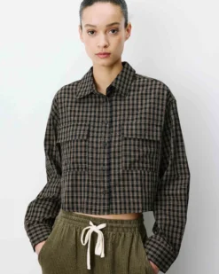 Chemise courte oversize en coton à carreaux noir Azelle