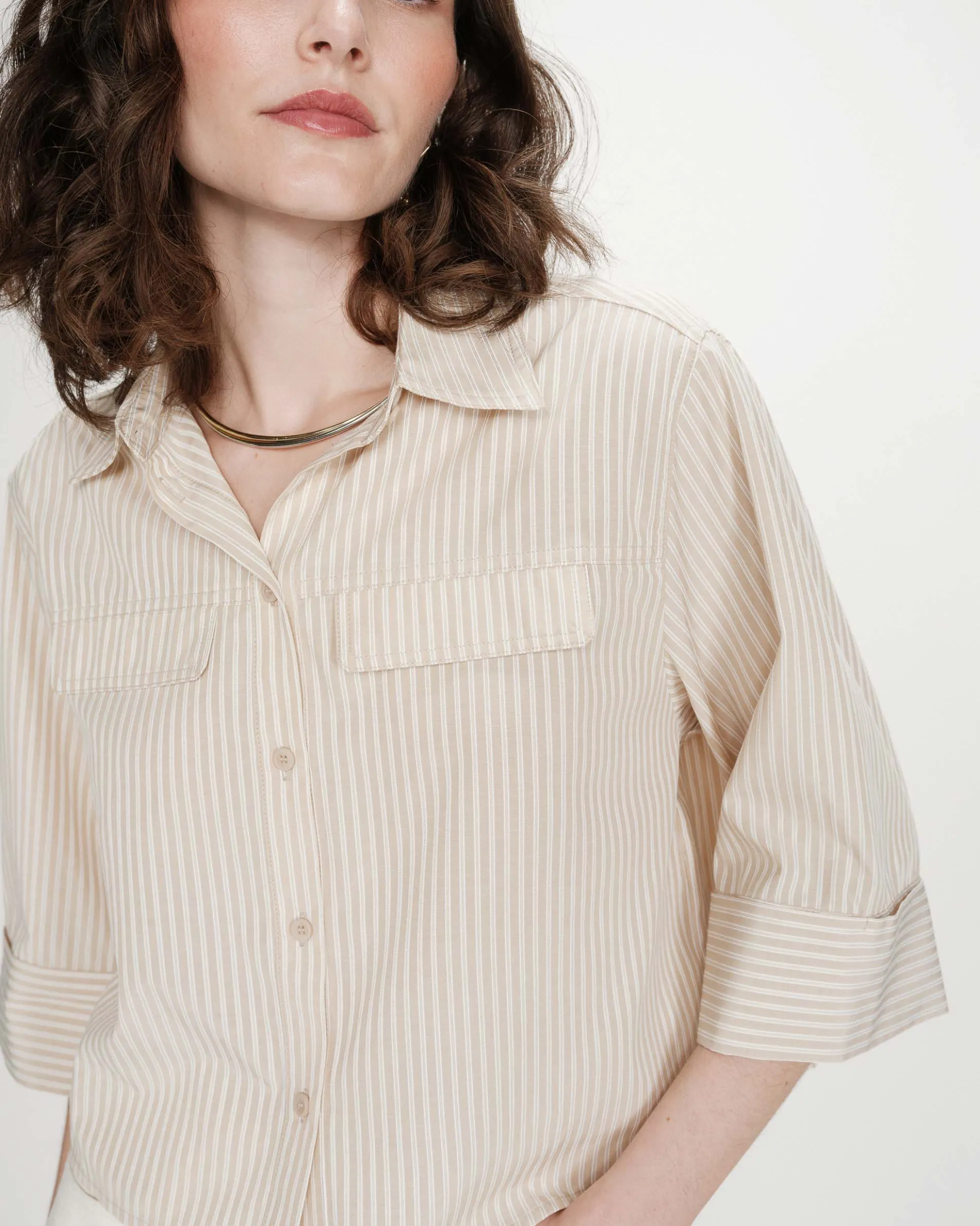 Chemise courte à rayures manches 3/4 sable Voice